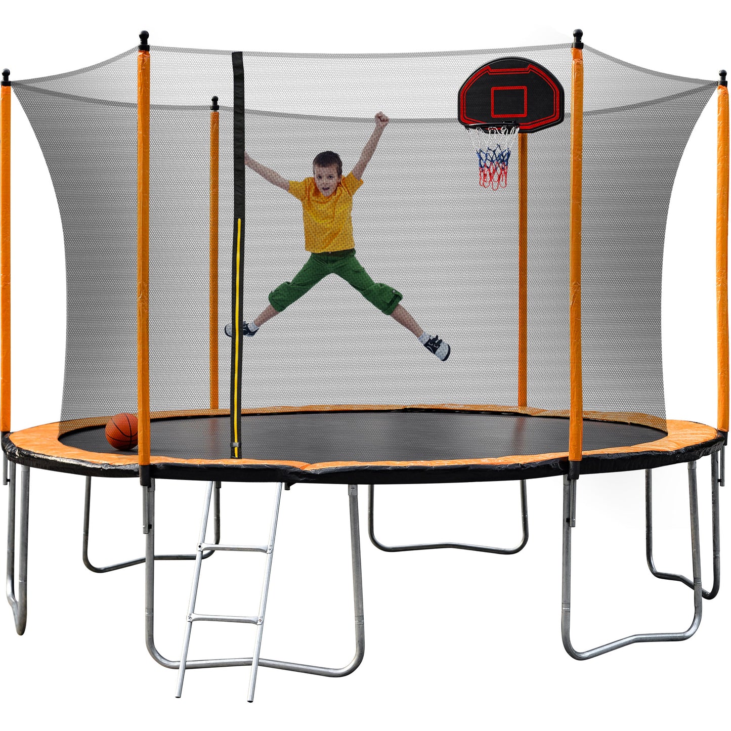 12FT Trampoline with Basketball Hoop Inflator and Ladder(Inner Safety Enclosure) Orange