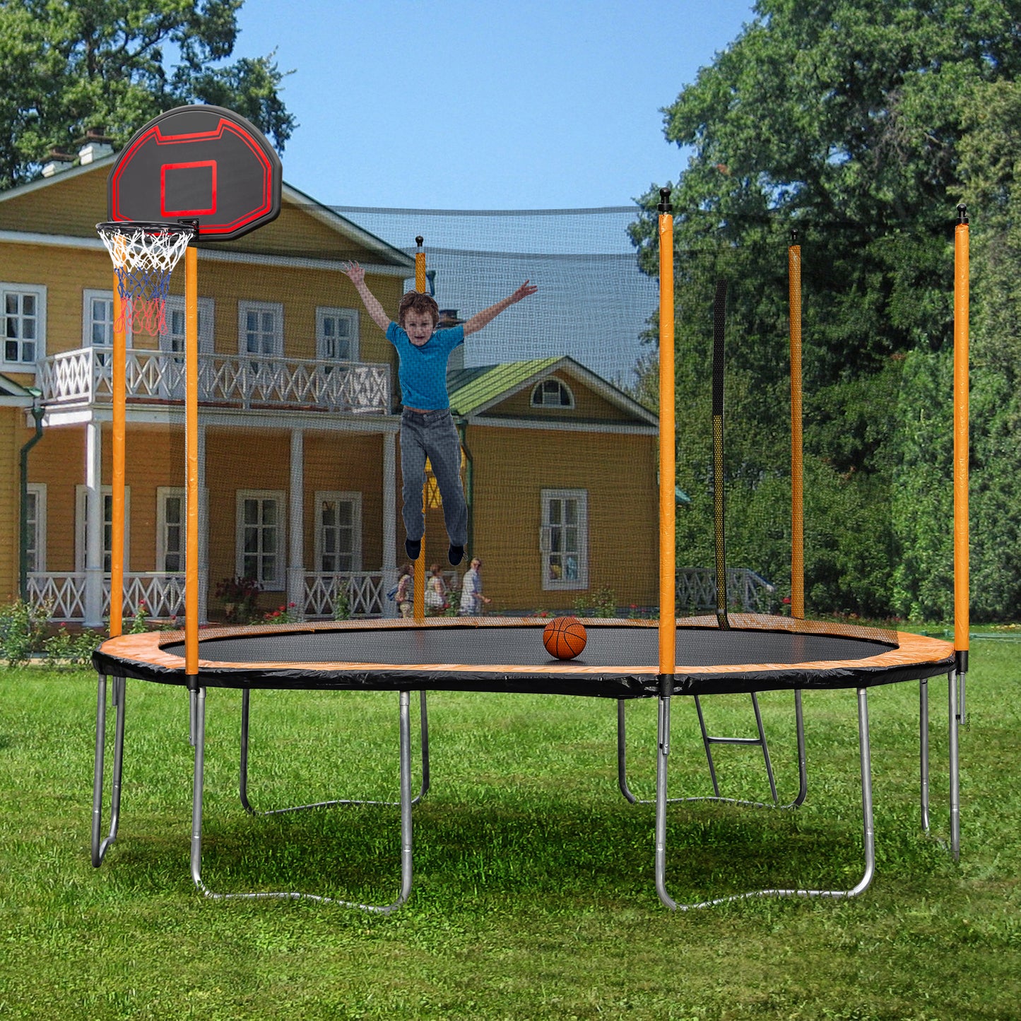 12FT Trampoline with Basketball Hoop Inflator and Ladder(Inner Safety Enclosure) Orange