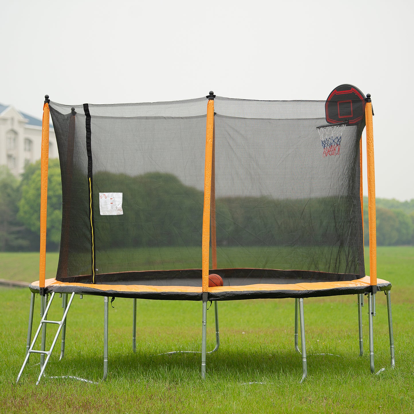 12FT Trampoline with Basketball Hoop Inflator and Ladder(Inner Safety Enclosure) Orange