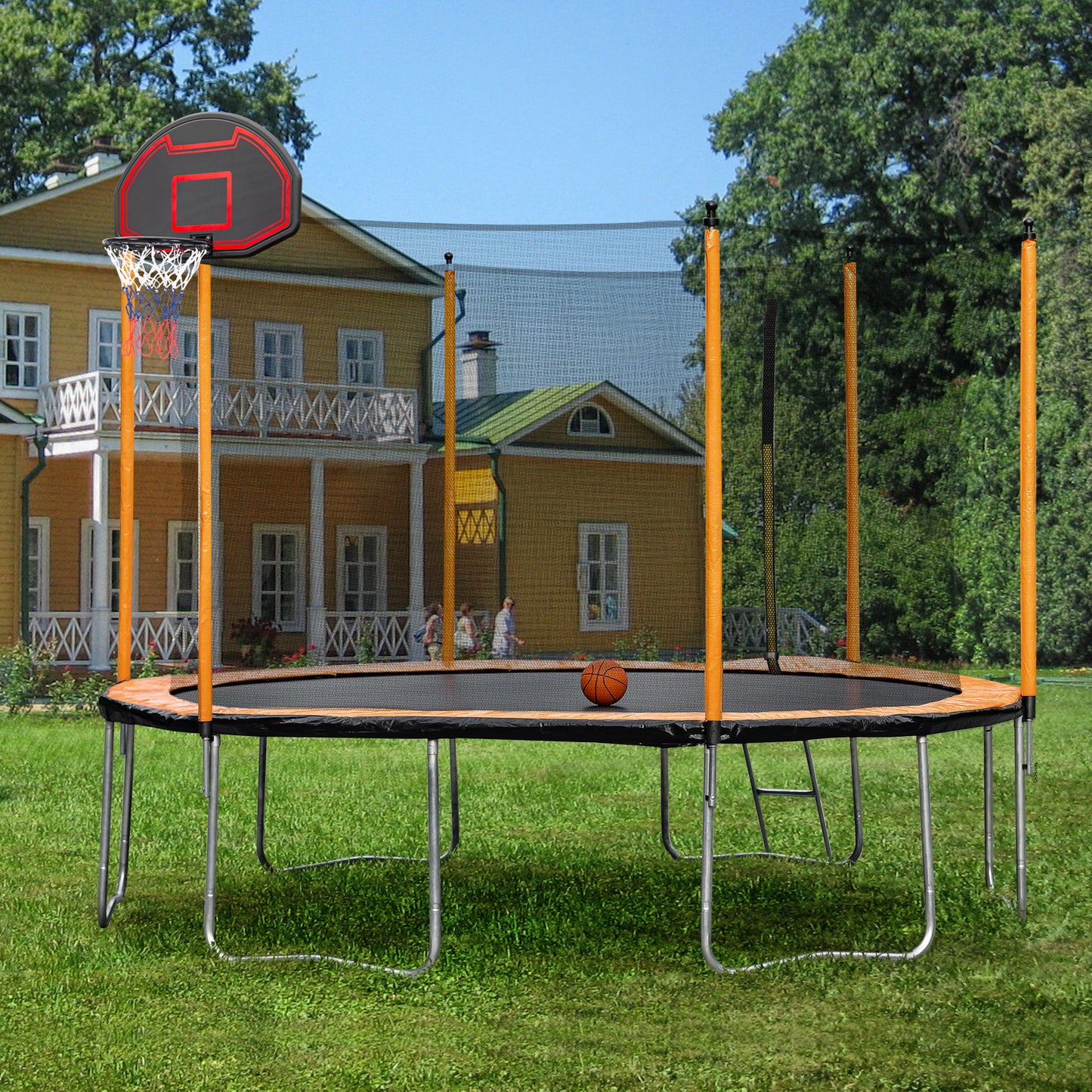 12FT Trampoline with Basketball Hoop Inflator and Ladder(Inner Safety Enclosure) Orange