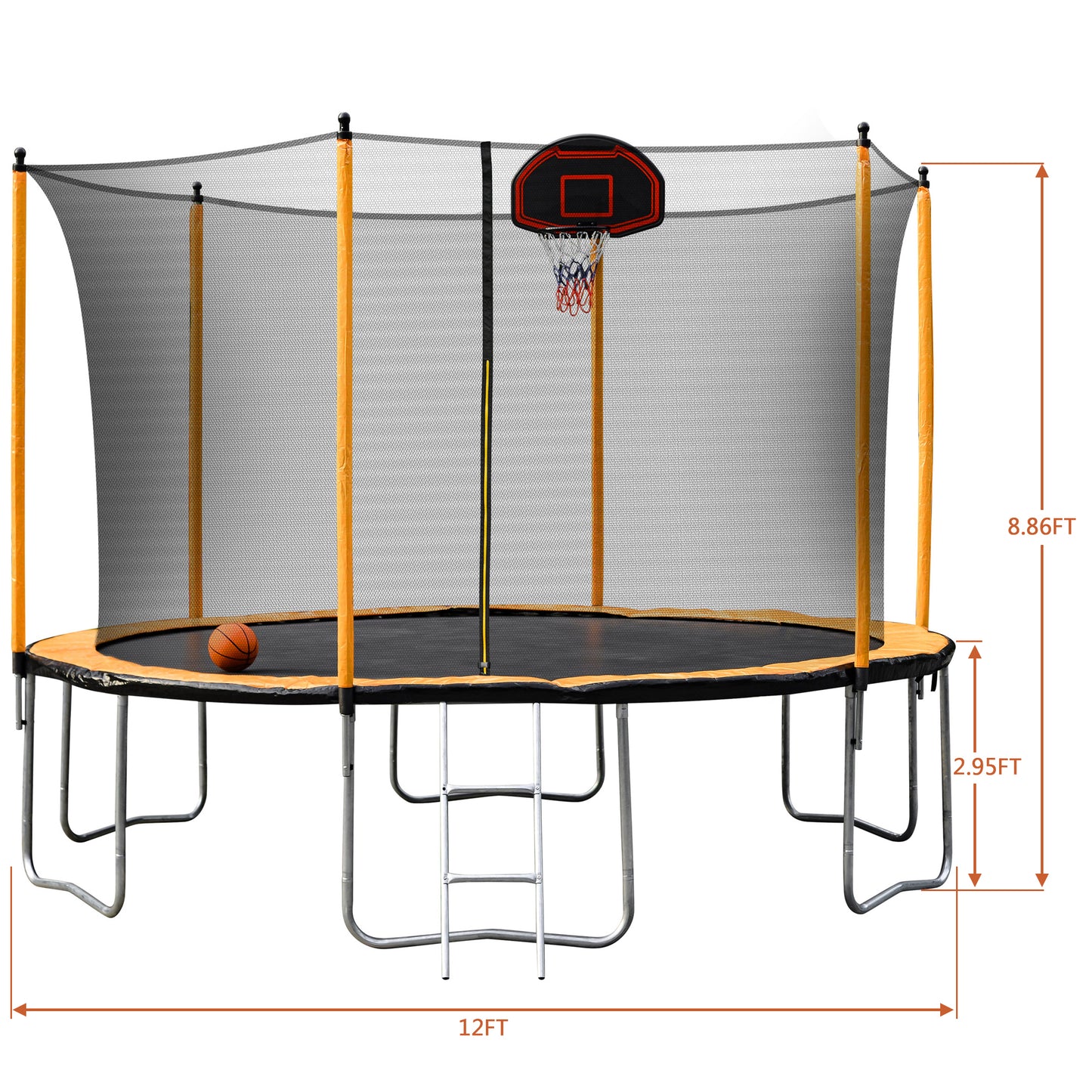 12FT Trampoline with Basketball Hoop Inflator and Ladder(Inner Safety Enclosure) Orange