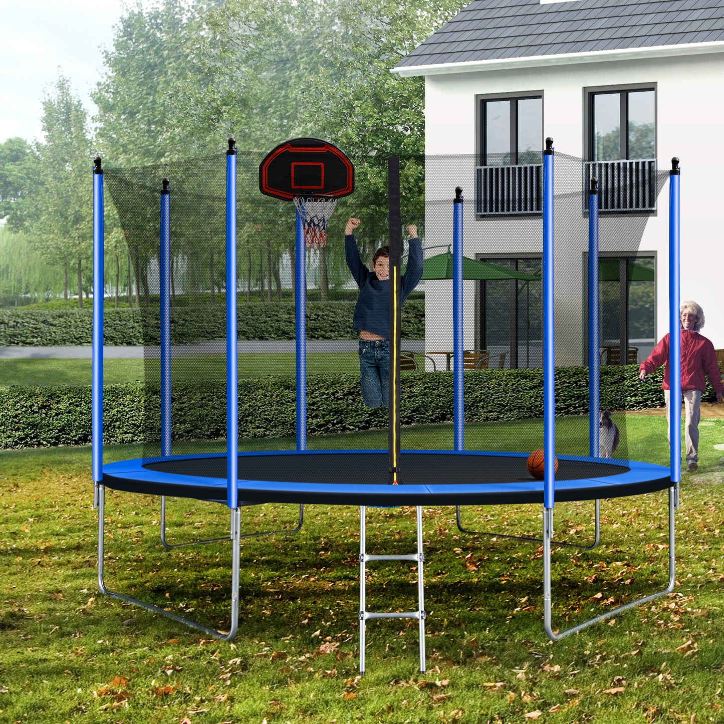 10FT  Trampoline with Basketball Hoop Inflator and Ladder(Inner Safety Enclosure) Blue