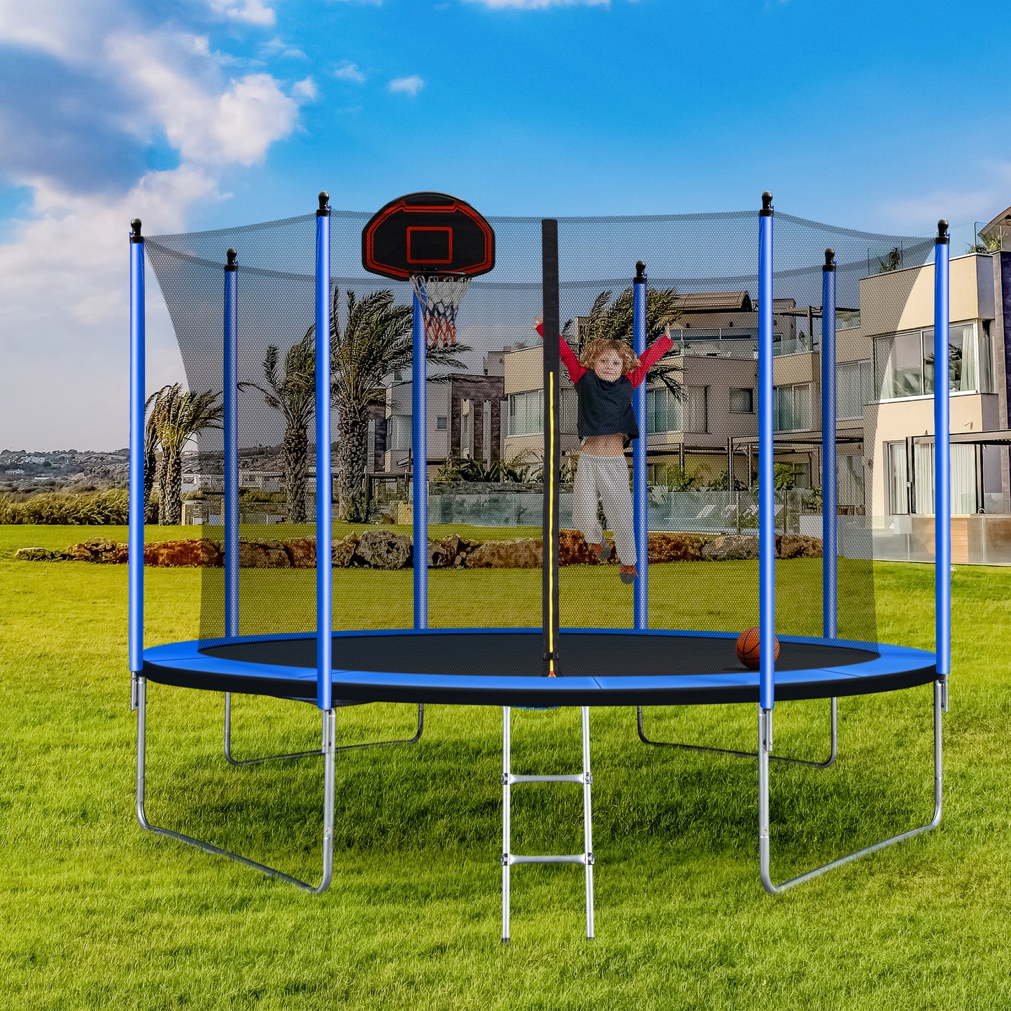 10FT  Trampoline with Basketball Hoop Inflator and Ladder(Inner Safety Enclosure) Blue