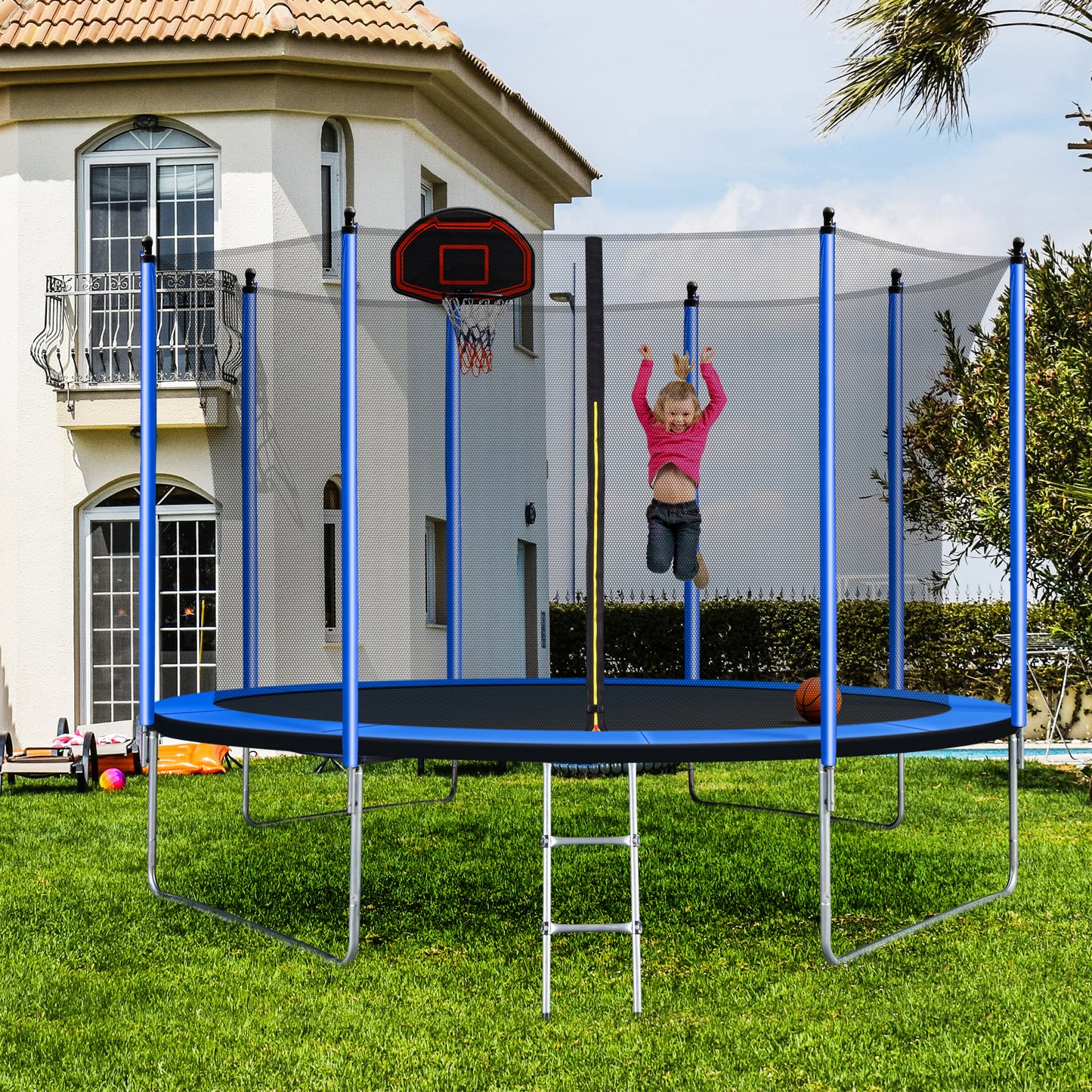 10FT  Trampoline with Basketball Hoop Inflator and Ladder(Inner Safety Enclosure) Blue