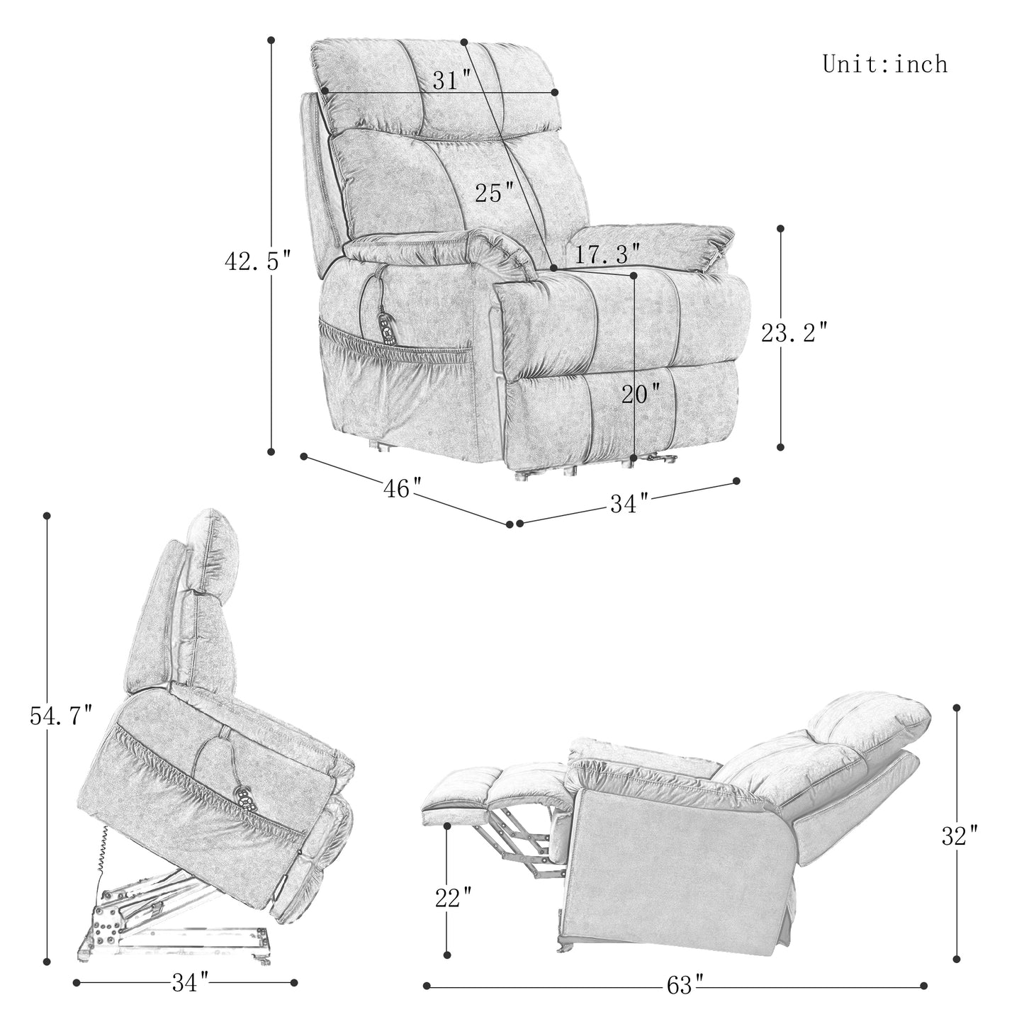 Large size Electric Power Lift Recliner Chair Sofa for Elderly, 8 point vibration Massage and lumber heat, Remote Control, Side Pockets, cozy fabric, overstuffed arm, heavy duty 300LB