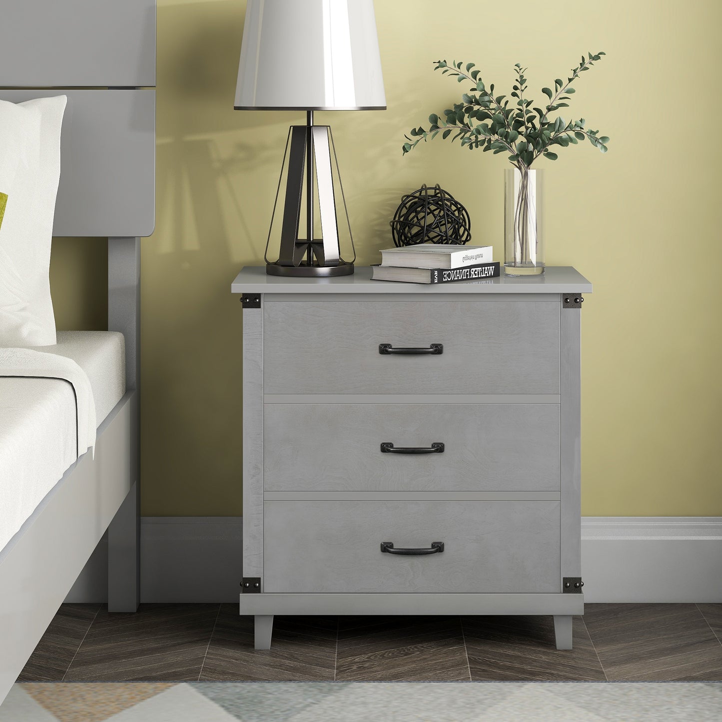 Modern Bedroom Nightstand with 3 Drawers Storage , Gray