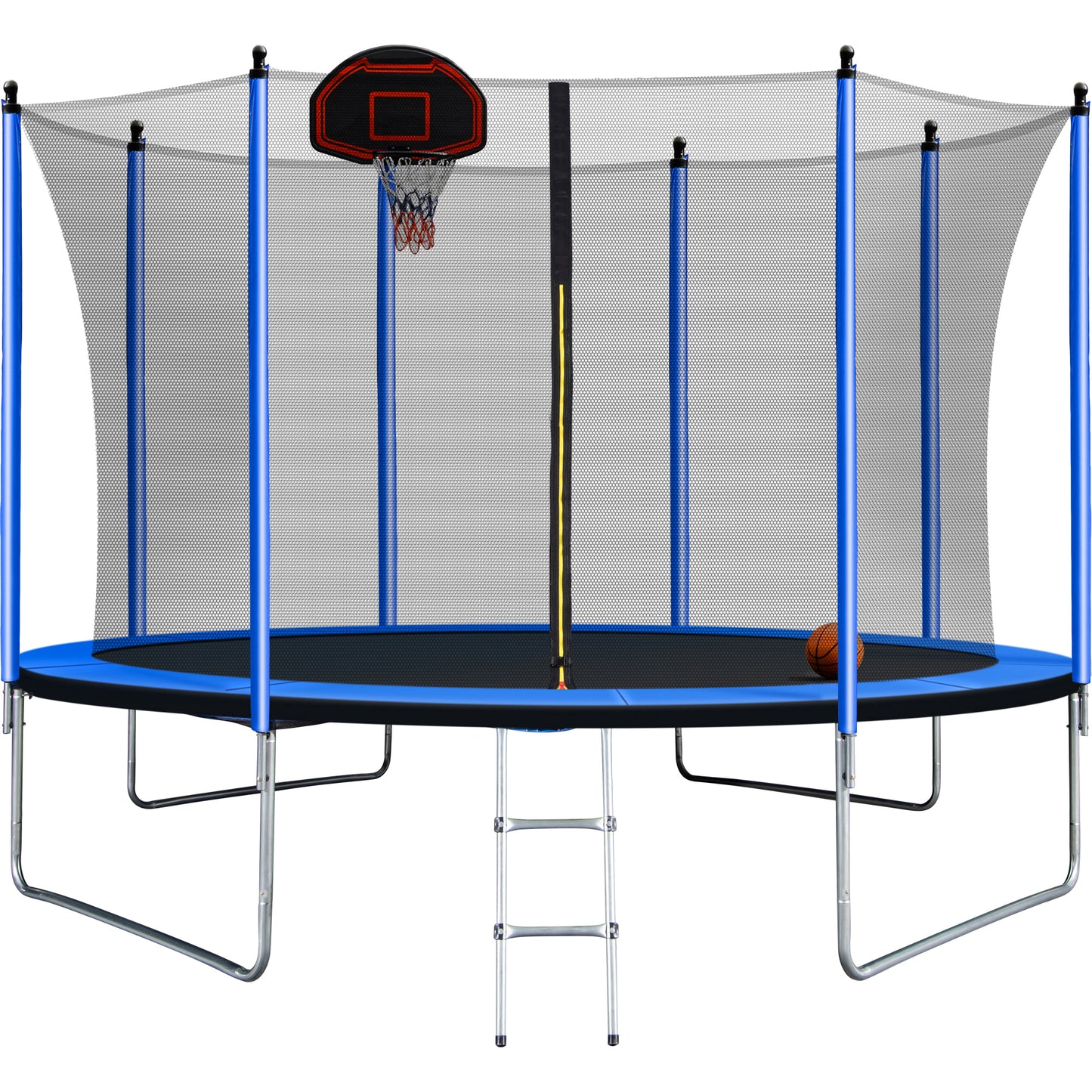 10FT  Trampoline with Basketball Hoop Inflator and Ladder(Inner Safety Enclosure) Blue