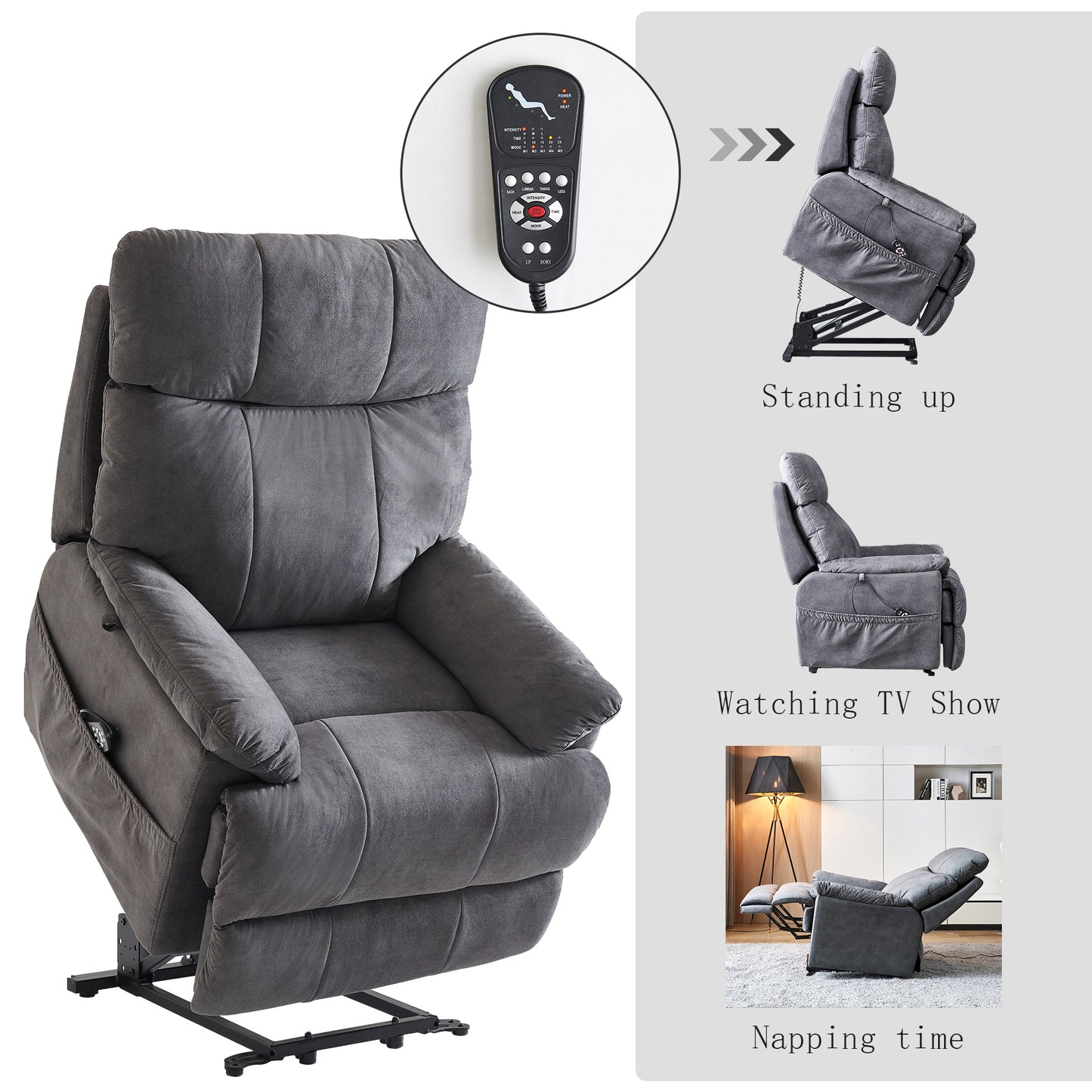 Large size Electric Power Lift Recliner Chair Sofa for Elderly, 8 point vibration Massage and lumber heat, Remote Control, Side Pockets, cozy fabric, overstuffed arm, heavy duty 300LB