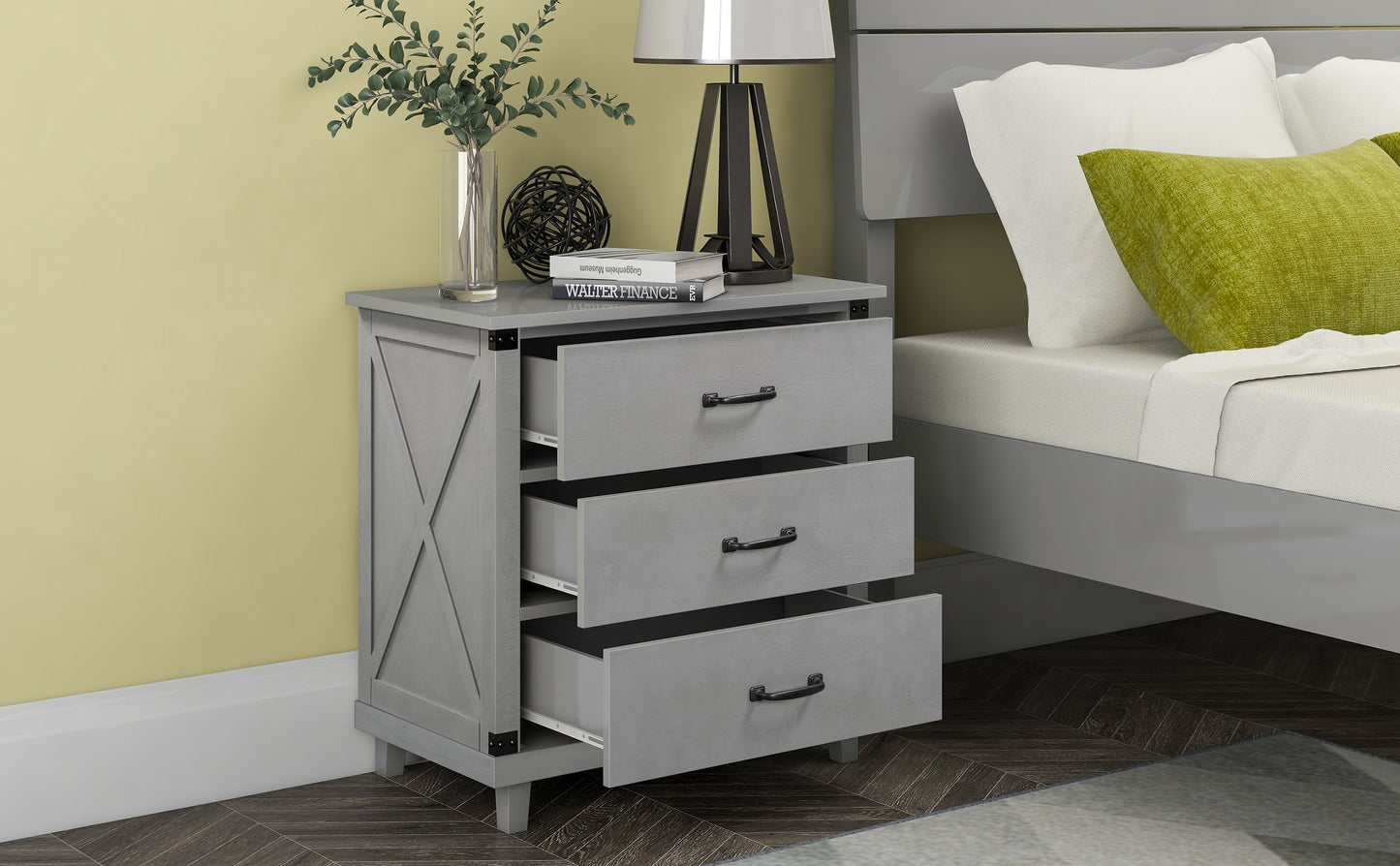 Modern Bedroom Nightstand with 3 Drawers Storage , Gray