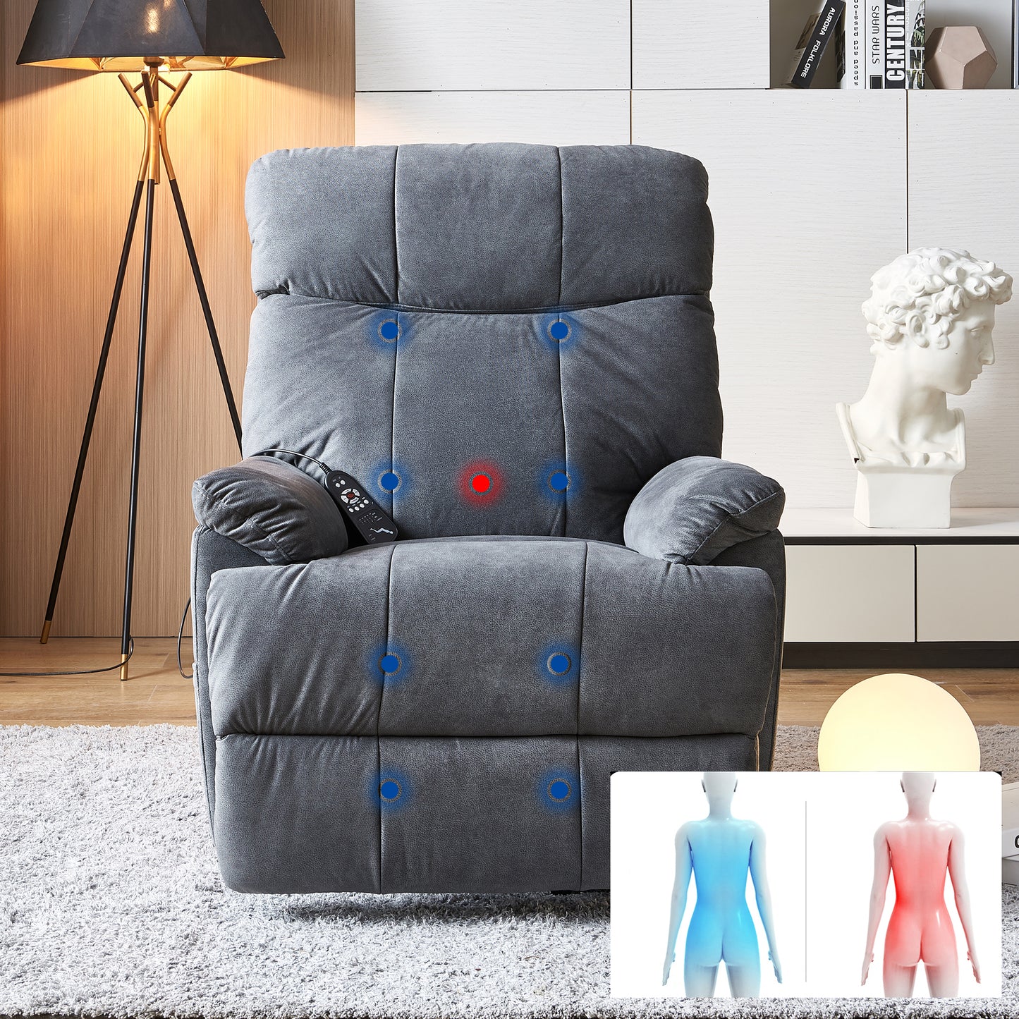 Large size Electric Power Lift Recliner Chair Sofa for Elderly, 8 point vibration Massage and lumber heat, Remote Control, Side Pockets, cozy fabric, overstuffed arm, heavy duty 300LB