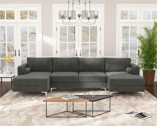 Sectional Sofa with Two Pillows, U-Shape Upholstered Couch with Modern Elegant Velvet for Living Room Apartment