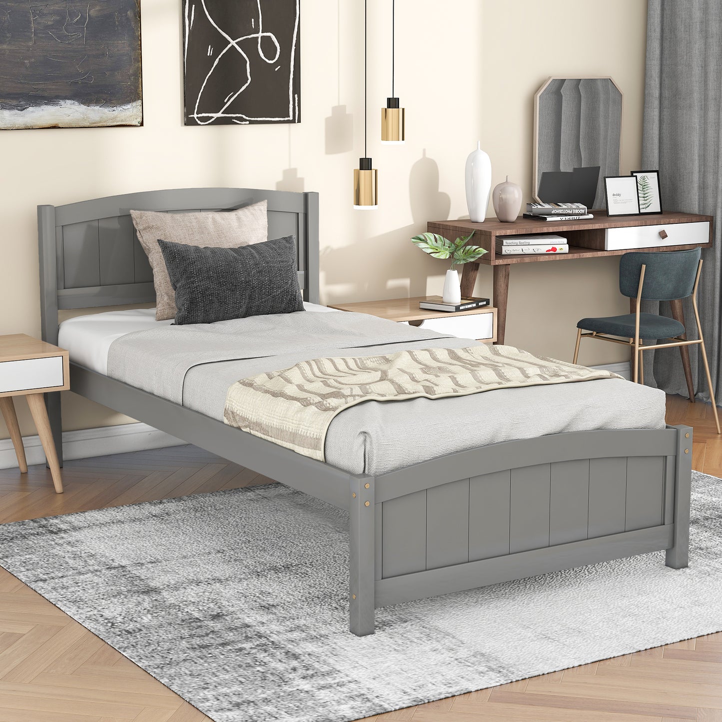 Wood Platform Bed with Headboard,Footboard and Wood Slat Support, Gray