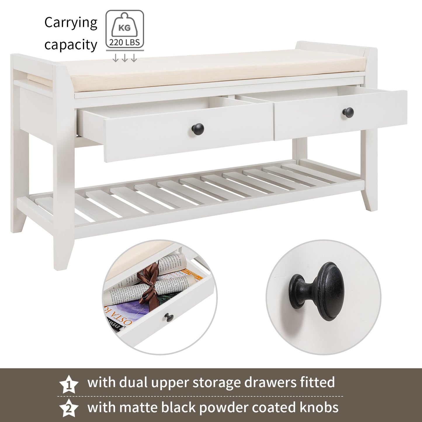 Shoe Rack with Cushioned Seat and Drawers, Multipurpose Entryway Storage Bench, White