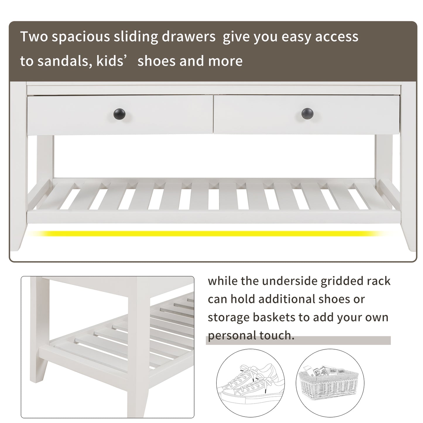 Shoe Rack with Cushioned Seat and Drawers, Multipurpose Entryway Storage Bench, White