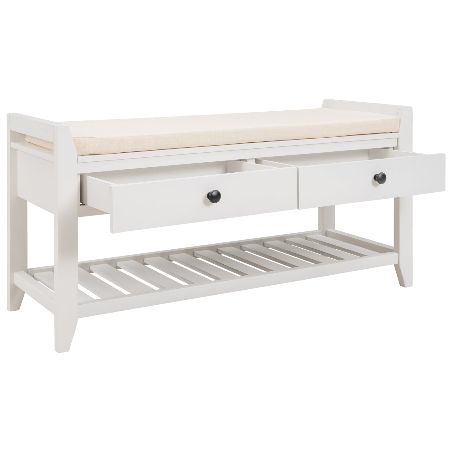 Shoe Rack with Cushioned Seat and Drawers, Multipurpose Entryway Storage Bench, White