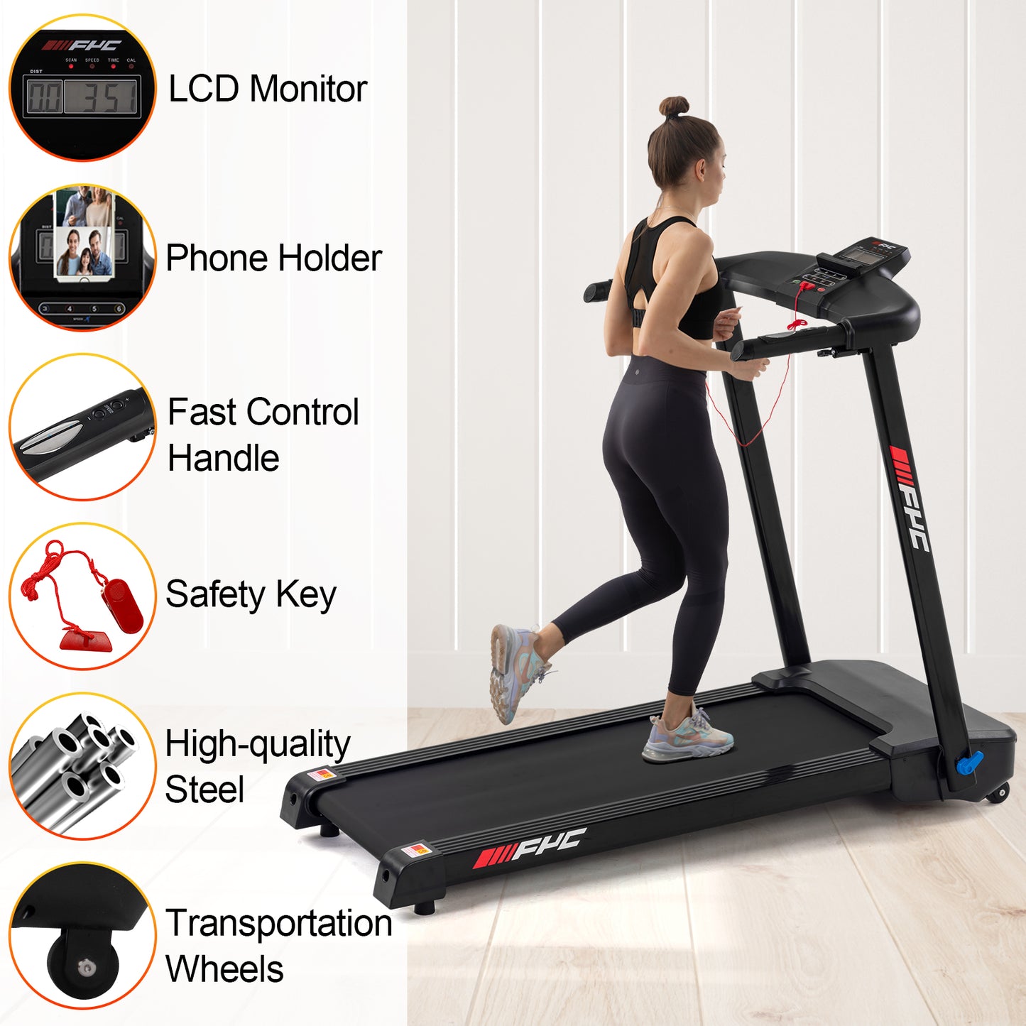 FYC Folding Treadmill for Home - 2.5 HP Compact Electric Running Machine Fitness Walking Exercise Portable Treadmills for Space Saver Apartment Gym Office, 240 LB Capacity