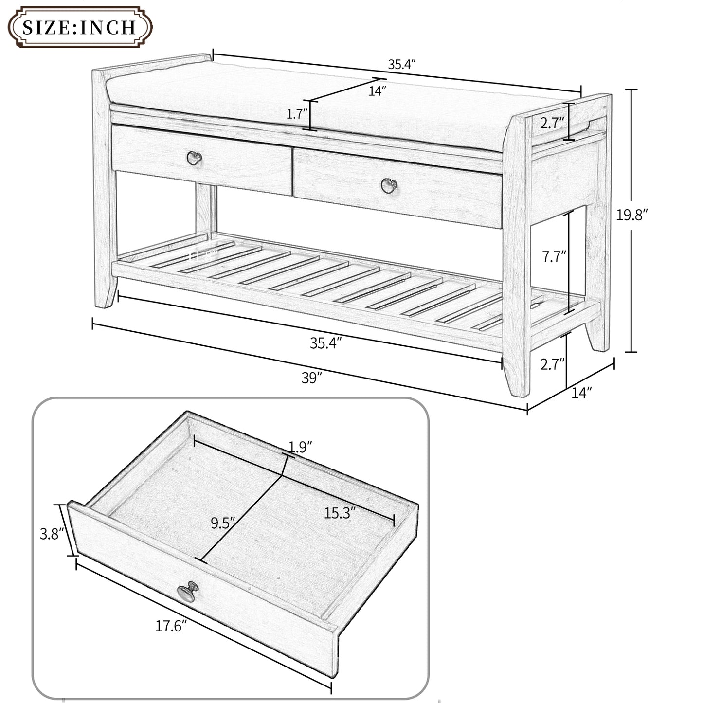 Shoe Rack with Cushioned Seat and Drawers, Multipurpose Entryway Storage Bench, White