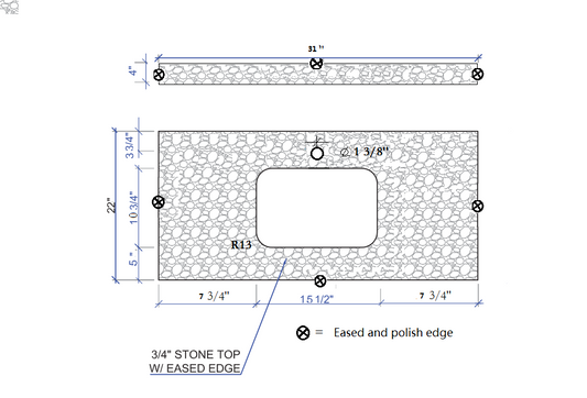 Montary 31 inches bathroom stone vanity top calacatta gray engineered marble color with undermount ceramic sink and single faucet hole with backsplash