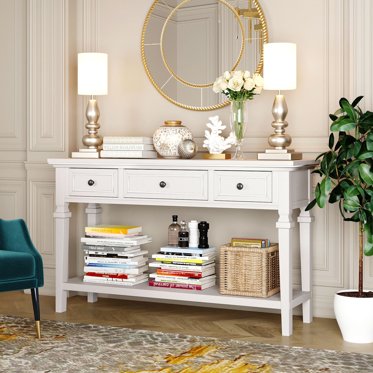 Classic Retro Style Console Table with Three Top Drawers and Open Style Bottom Shelf, Easy Assembly (Antique White)