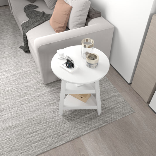 Round Side Table with Two-Tier Shelf  (White)