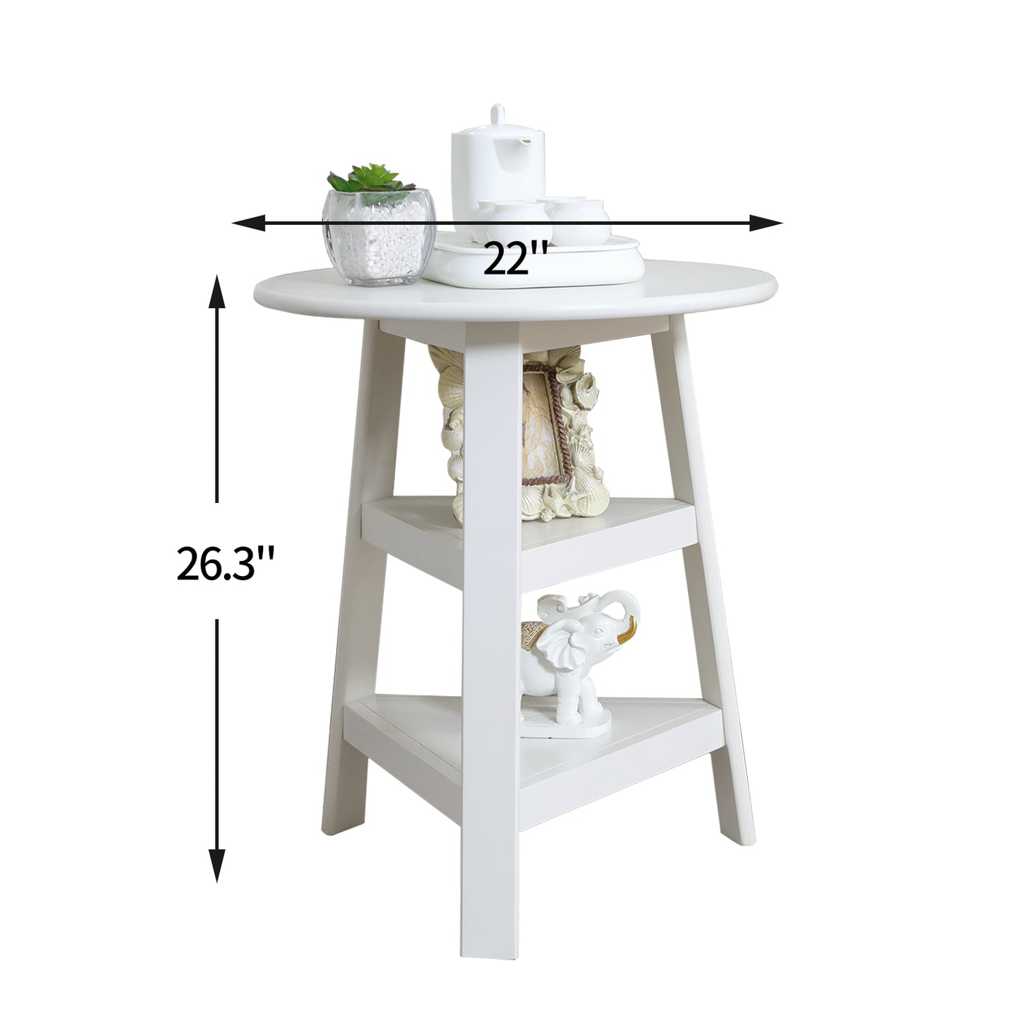 Round Side Table with Two-Tier Shelf  (White)