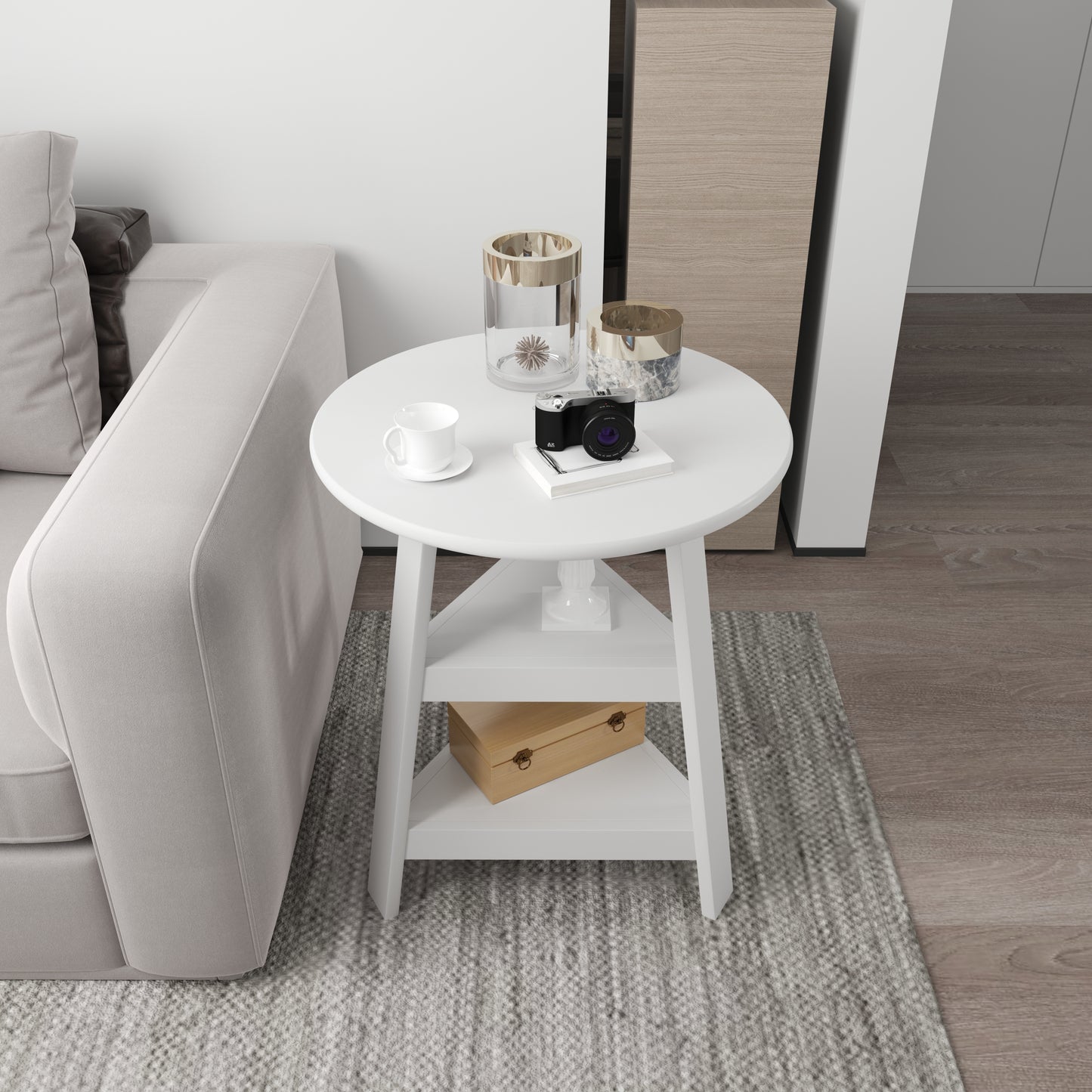 Round Side Table with Two-Tier Shelf  (White)