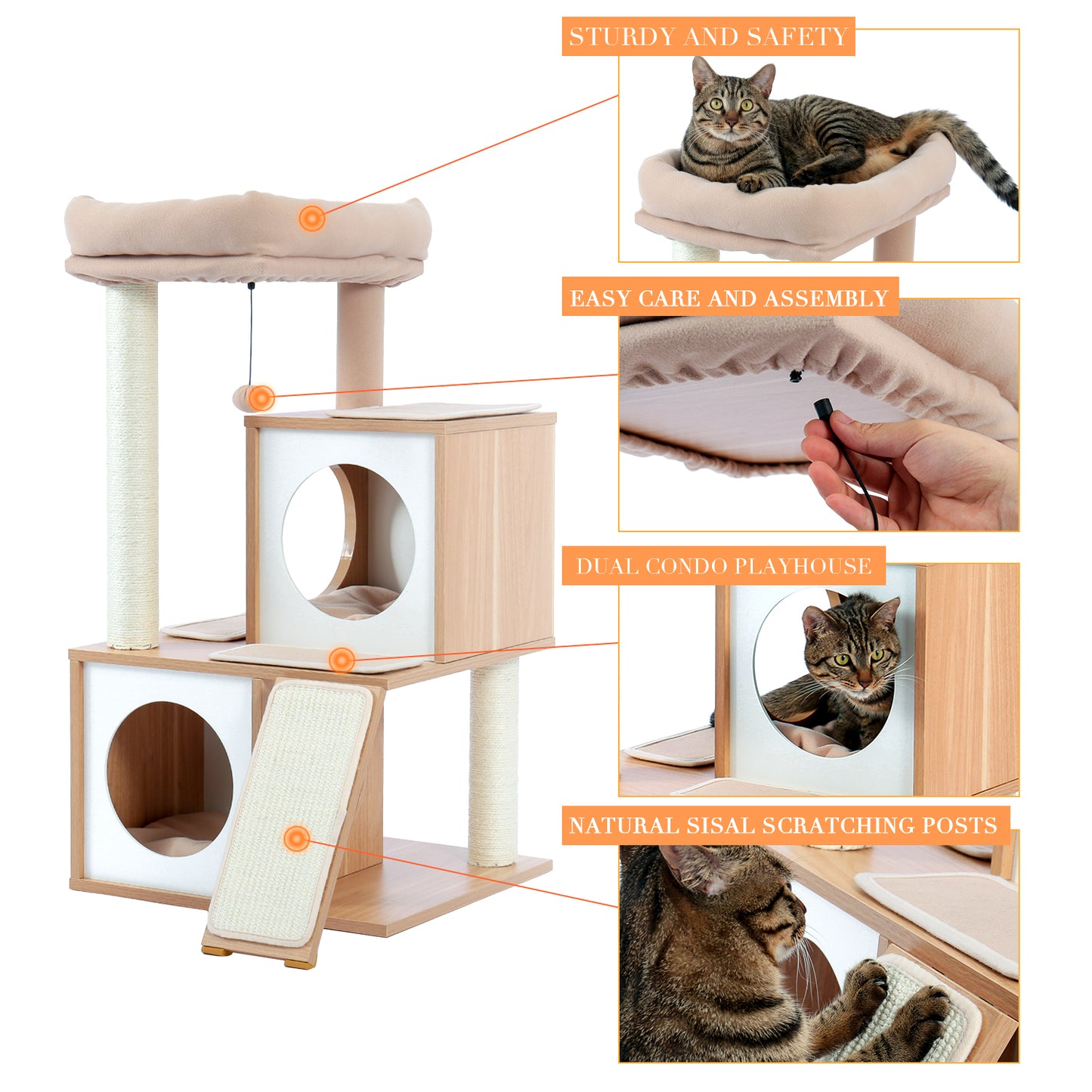 Cat Tree Wood Cool Sisal Scratching Post Kitten Furniture Plush Condo Playhouse with Dangling Toys Cats Activity Centre Beige