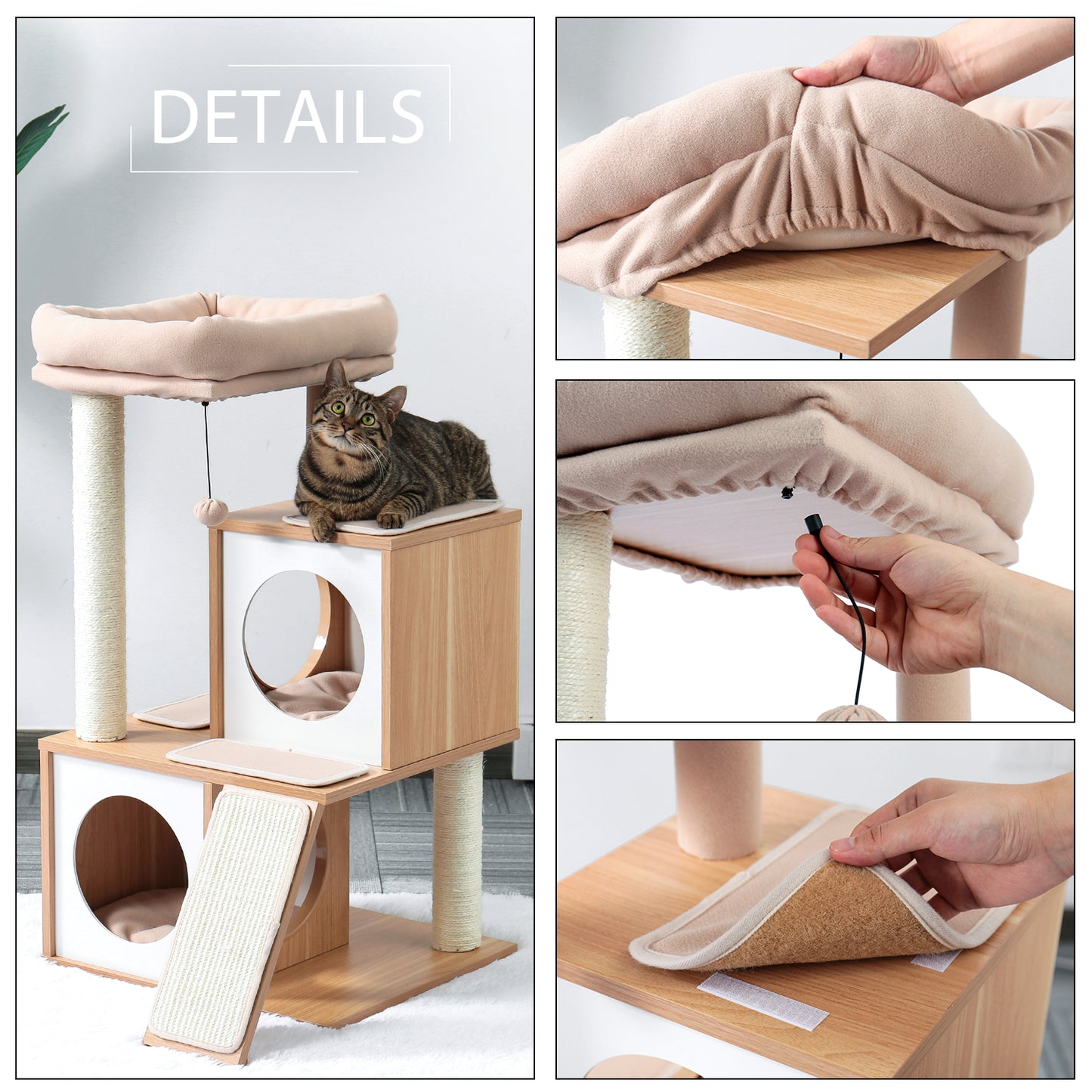 Cat Tree Wood Cool Sisal Scratching Post Kitten Furniture Plush Condo Playhouse with Dangling Toys Cats Activity Centre Beige