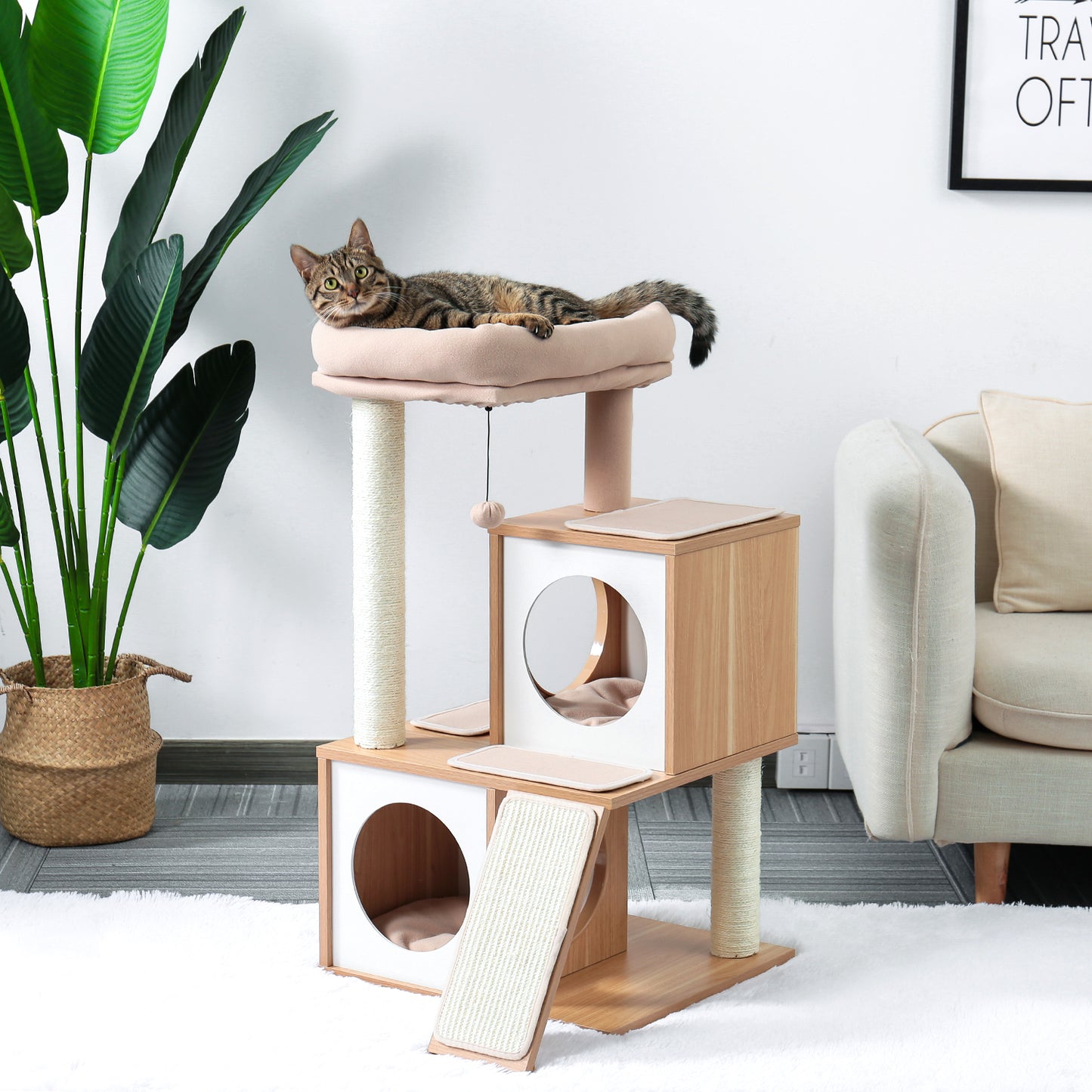 Cat Tree Wood Cool Sisal Scratching Post Kitten Furniture Plush Condo Playhouse with Dangling Toys Cats Activity Centre Beige