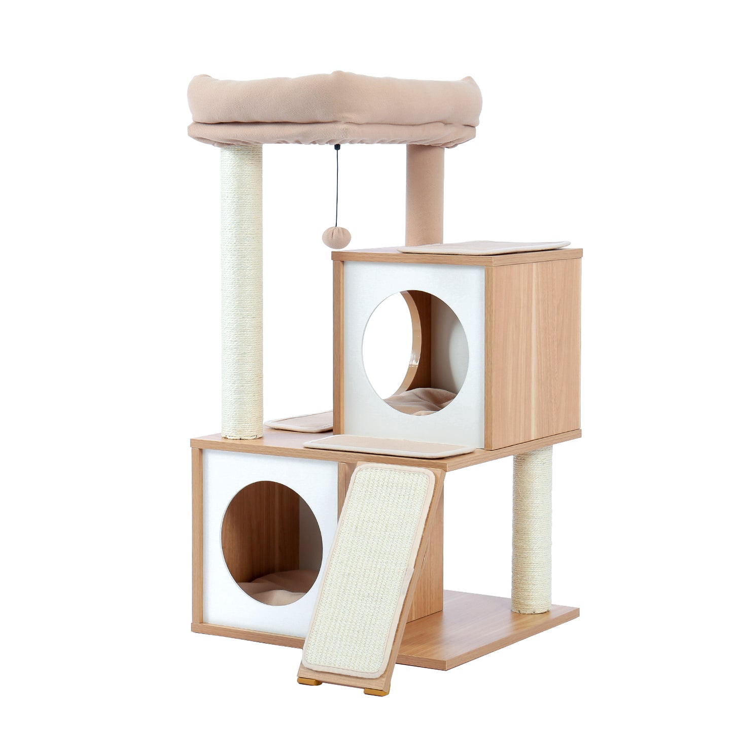 Cat Tree Wood Cool Sisal Scratching Post Kitten Furniture Plush Condo Playhouse with Dangling Toys Cats Activity Centre Beige