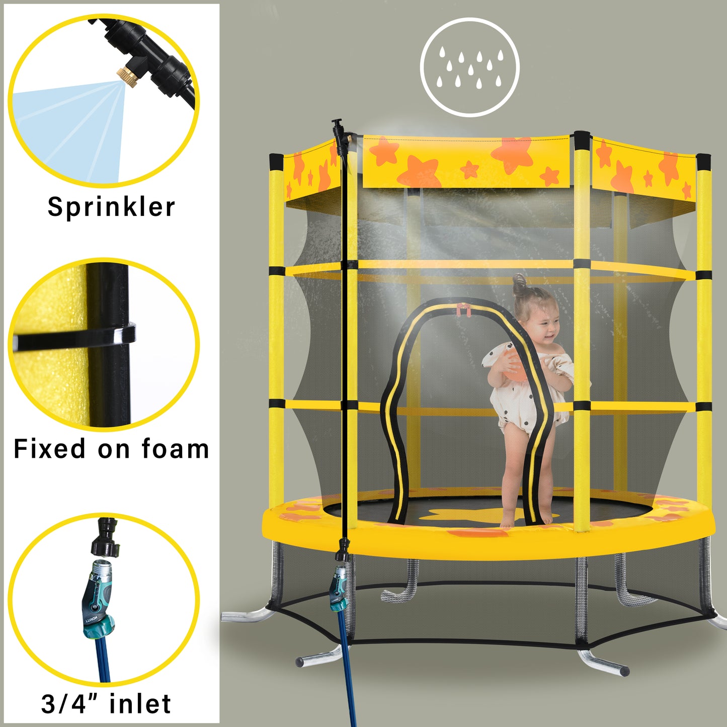 55 Inch Kids Trampoline with Safety Enclosure Net, Outdoor Indoor Trampoline for Kids with Water Sprinkler, Max Load 100lbs (Yellow)