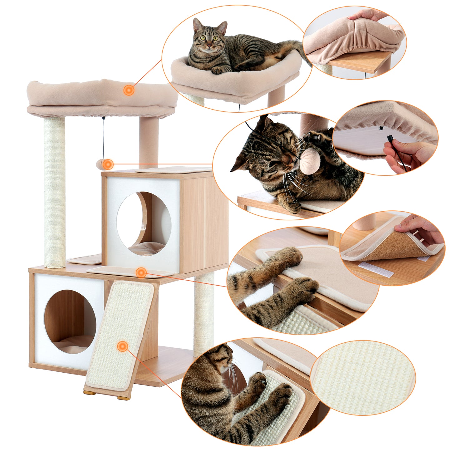 Cat Tree Wood Cool Sisal Scratching Post Kitten Furniture Plush Condo Playhouse with Dangling Toys Cats Activity Centre Beige