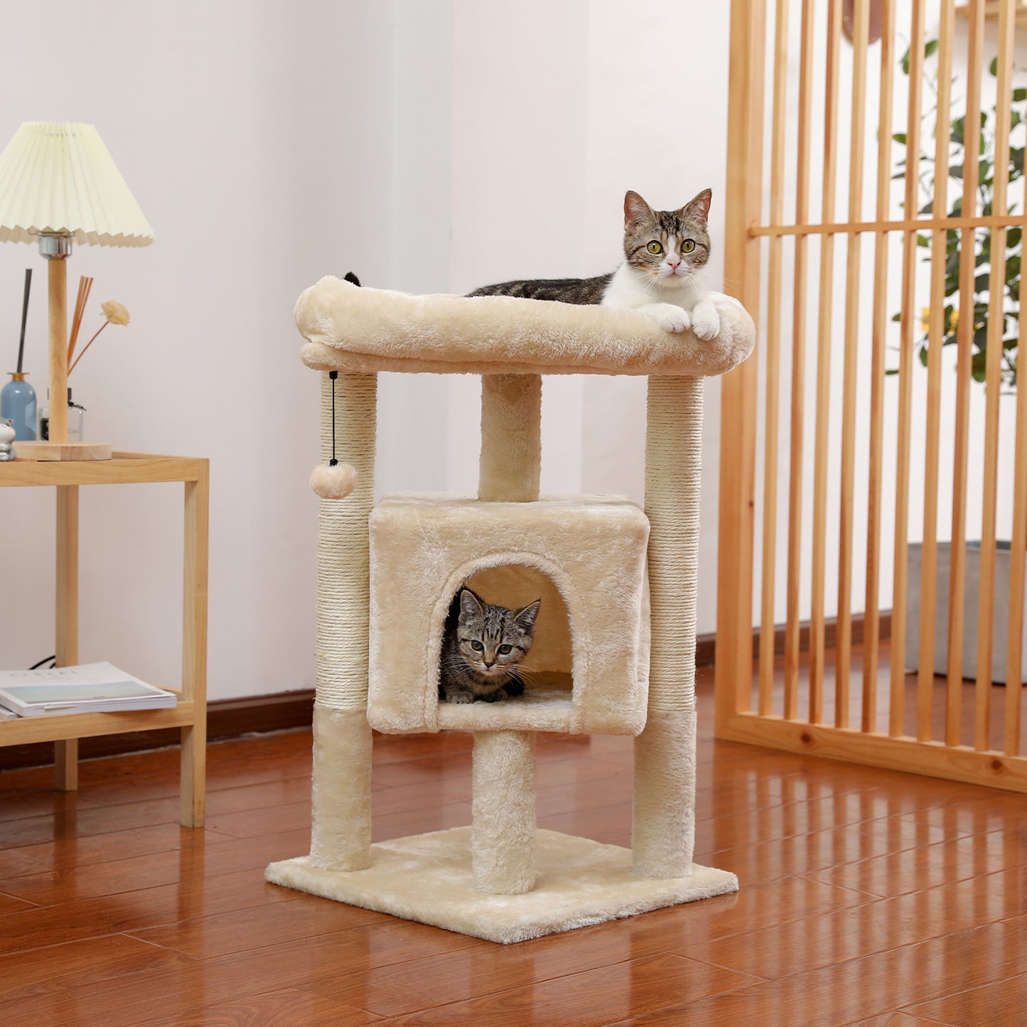 28.4 Inches Small Cat Tree for Indoor Cats Polyester Plush Cat Tower with Beige Condos, Spacious Perch,Scratching Sisal Posts Plush-covered posts and Replaceable Dangling Balls  Beige