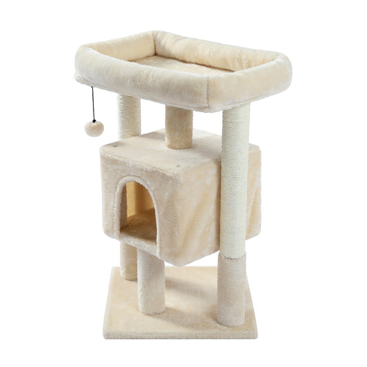 28.4 Inches Small Cat Tree for Indoor Cats Polyester Plush Cat Tower with Beige Condos, Spacious Perch,Scratching Sisal Posts Plush-covered posts and Replaceable Dangling Balls  Beige