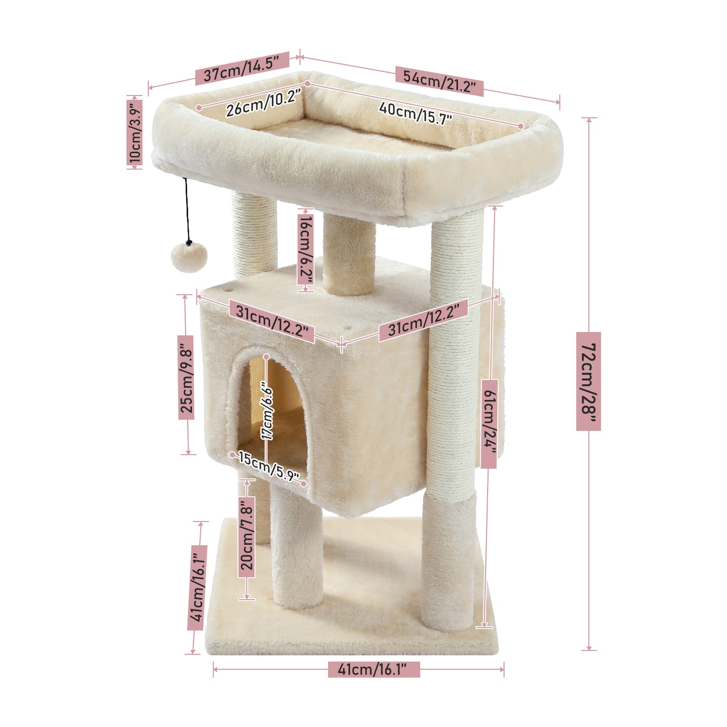 28.4 Inches Small Cat Tree for Indoor Cats Polyester Plush Cat Tower with Beige Condos, Spacious Perch,Scratching Sisal Posts Plush-covered posts and Replaceable Dangling Balls  Beige