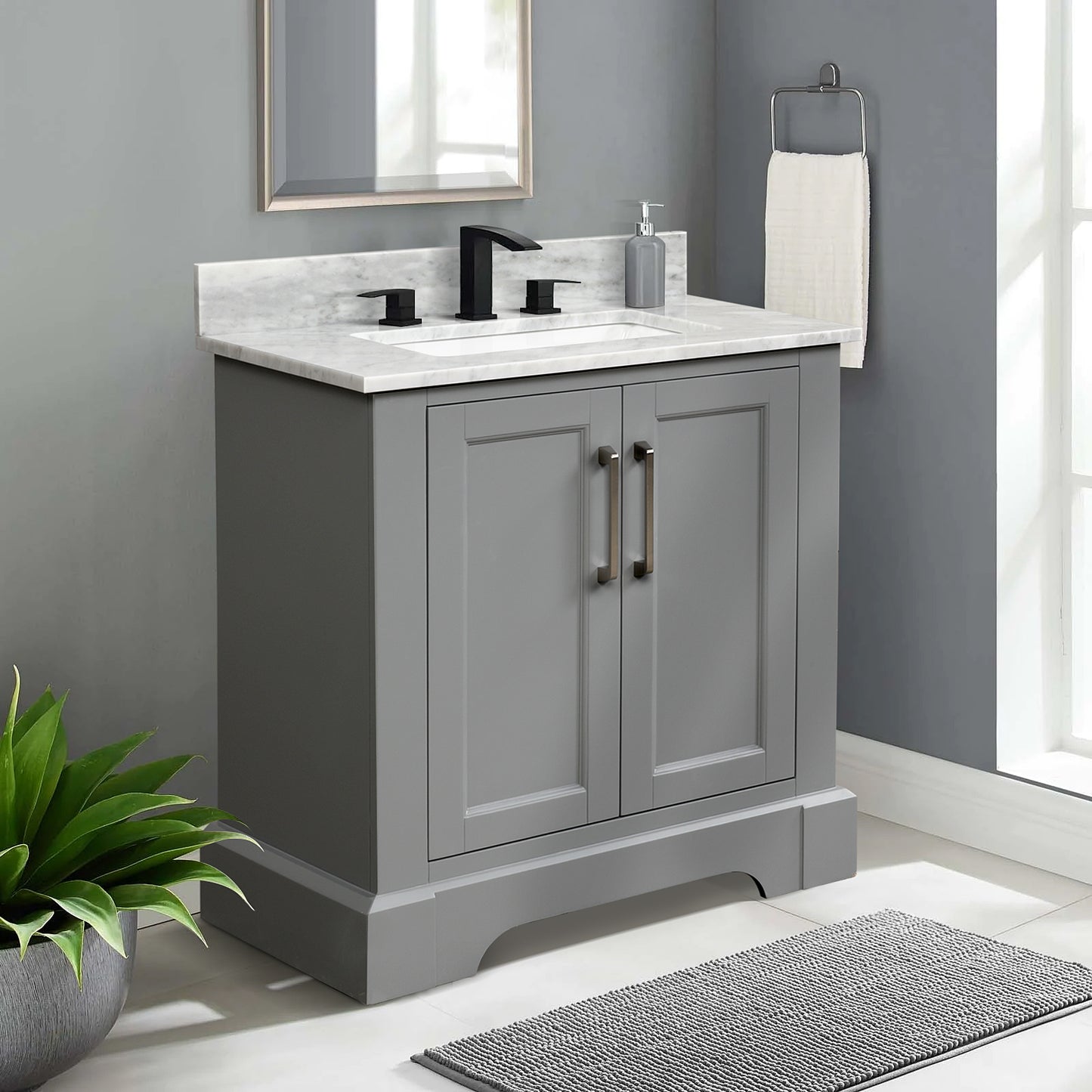 30  Single Solid Wood Bathroom Vanity Set, with Drawers, Carrara White Marble Top, 3 Faucet Hole