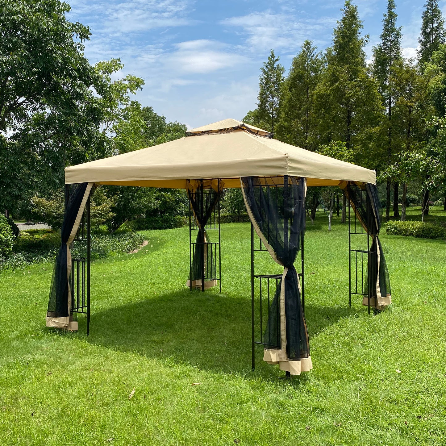 10x10Ft Outdoor Patio Gazebo Canopy Tent With Ventilated Double Roof And Mosquito Net(Detachable Mesh Screen On All Sides),Suitable for Lawn, Garden, Backyard and Deck,Beige Top