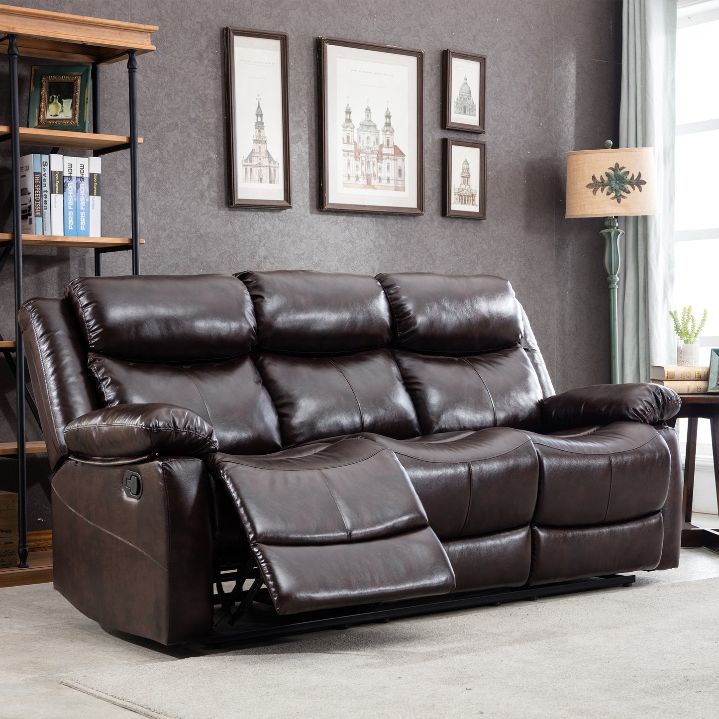 PU Leather Reclining Living Room Sofa Set, Manual Sofa for Living Room （Recliner Sofa）