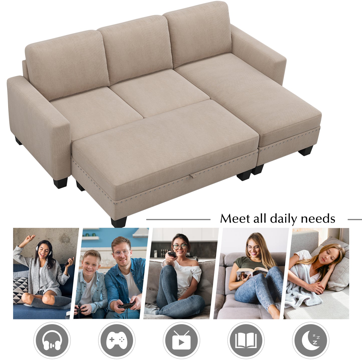 [New]81& Nailheaded Textured Fabric 3 pieces,Sofa,Square Ottoman,Rectangle Storage Ottoman,Warm Grey