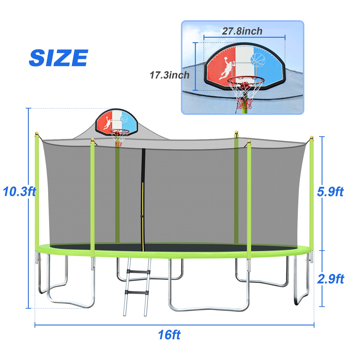 16FT Trampoline for Kids with Safety Enclosure Net, Basketball Hoop and Ladder, Easy Assembly Round Outdoor Recreational Trampoline