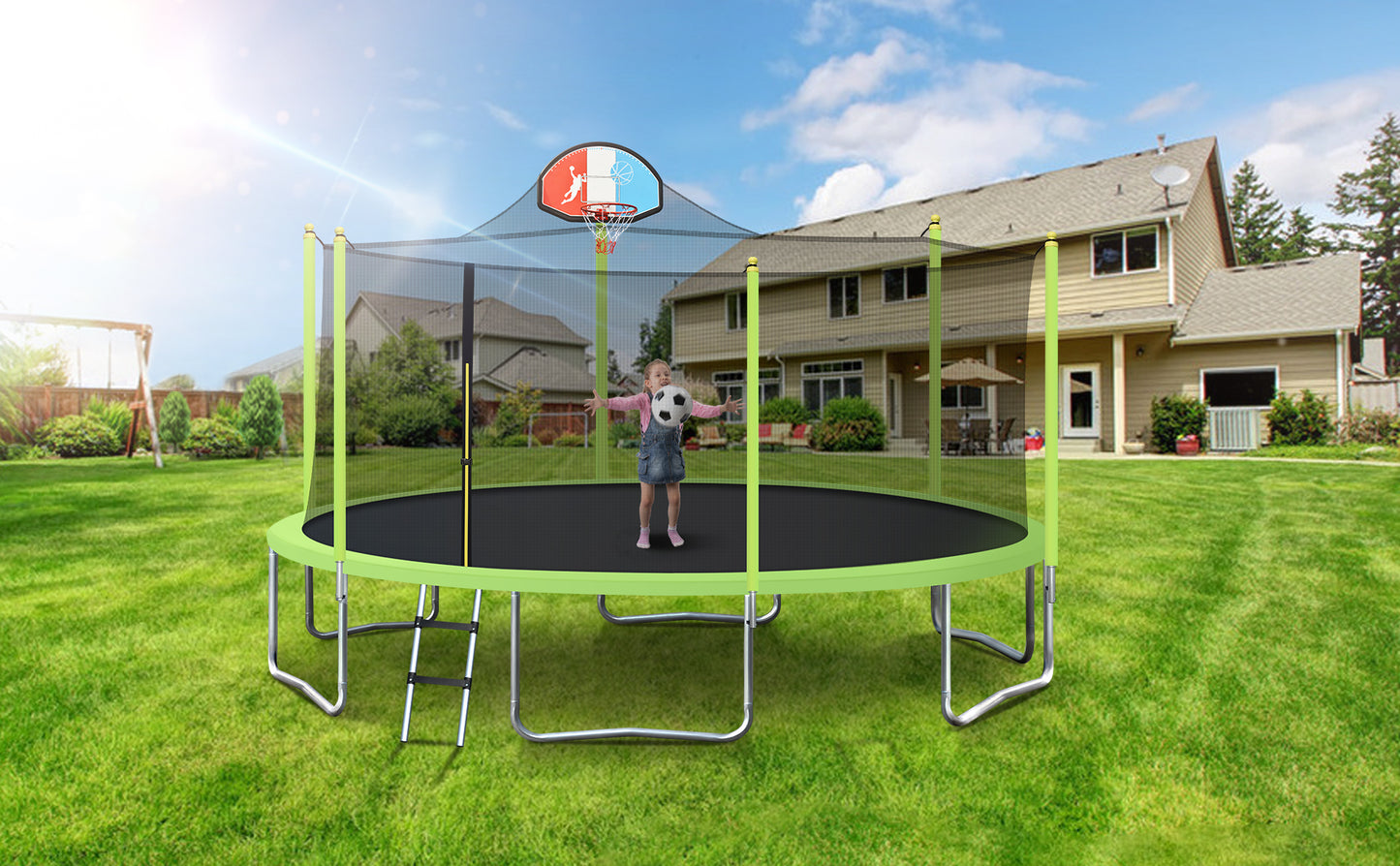 16FT Trampoline for Kids with Safety Enclosure Net, Basketball Hoop and Ladder, Easy Assembly Round Outdoor Recreational Trampoline