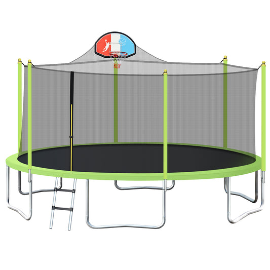 16FT Trampoline for Kids with Safety Enclosure Net, Basketball Hoop and Ladder, Easy Assembly Round Outdoor Recreational Trampoline