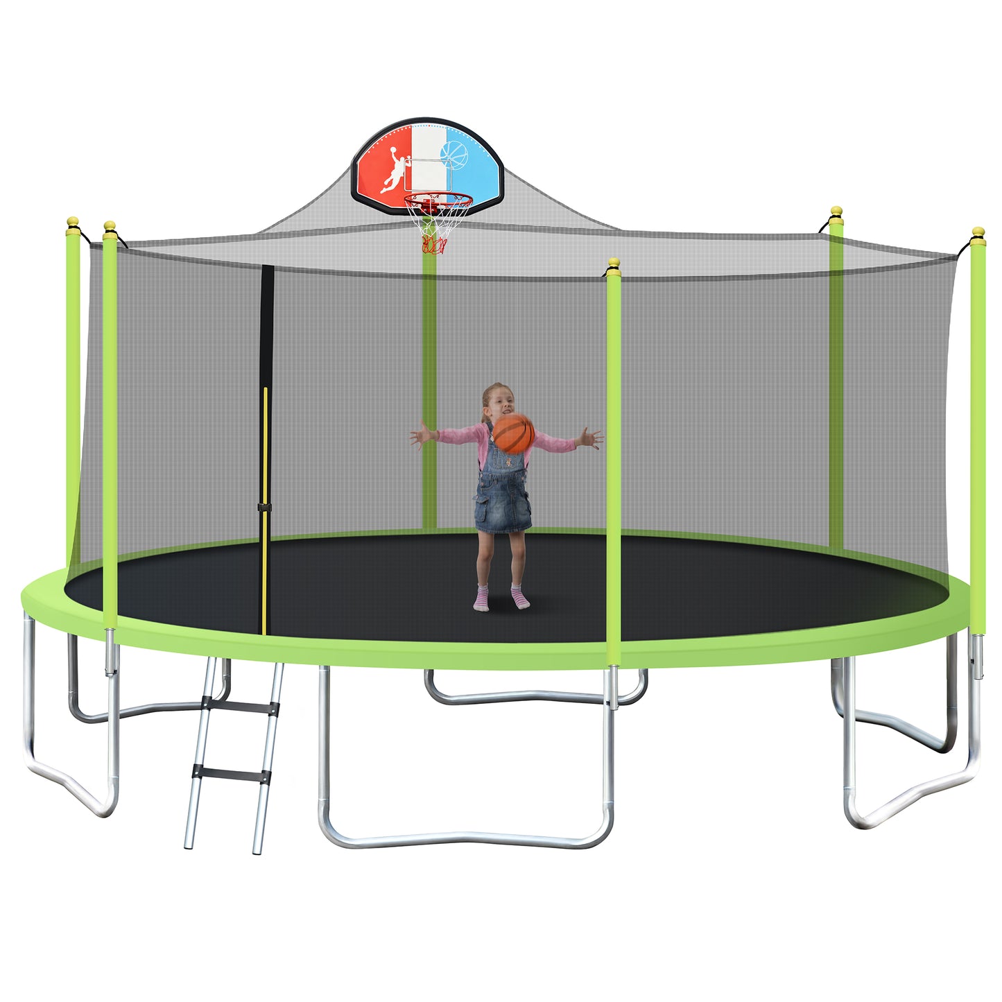 16FT Trampoline for Kids with Safety Enclosure Net, Basketball Hoop and Ladder, Easy Assembly Round Outdoor Recreational Trampoline