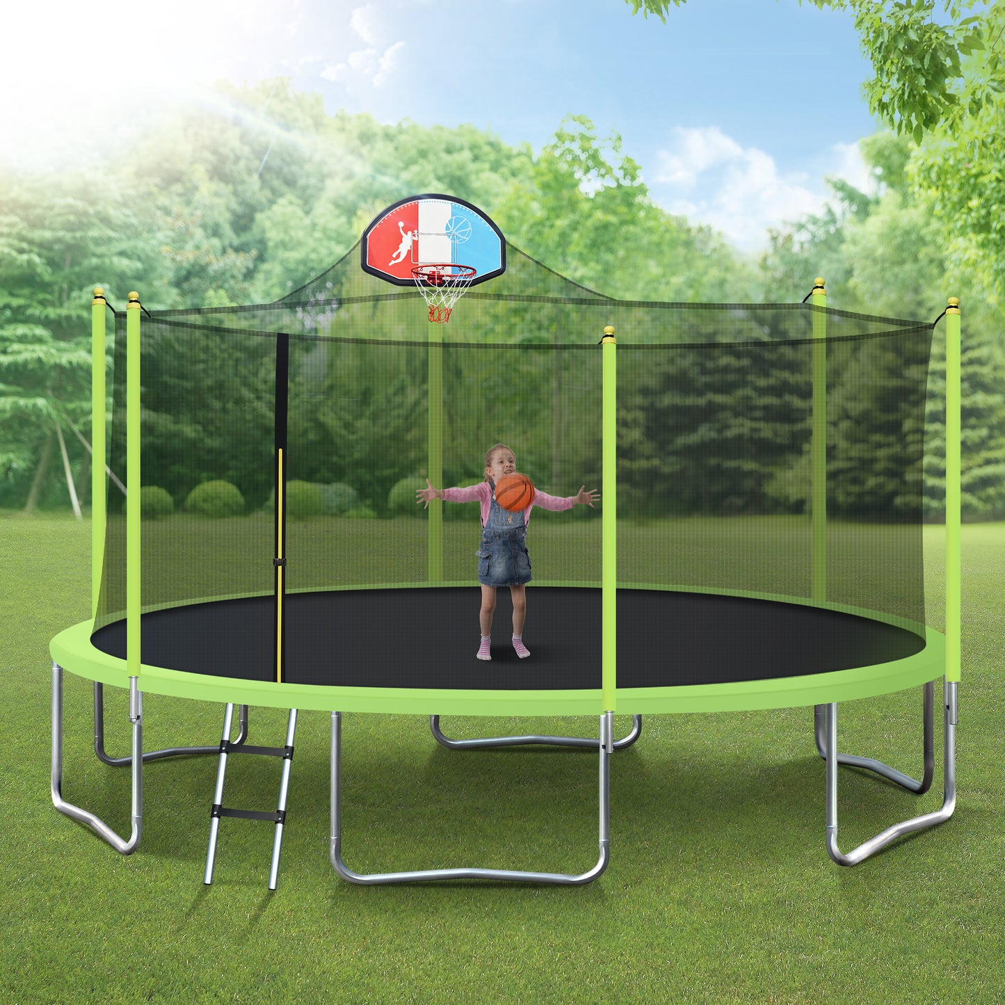 16FT Trampoline for Kids with Safety Enclosure Net, Basketball Hoop and Ladder, Easy Assembly Round Outdoor Recreational Trampoline