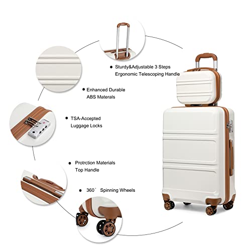 Kono Suitcase Lightweight ABS Hard Shell Carry-Ons Cabin Case with TSA Lock Luggage Sets of 4 Piece Included Weekender Bag & Toiletry Bag for Travel (Cream White)