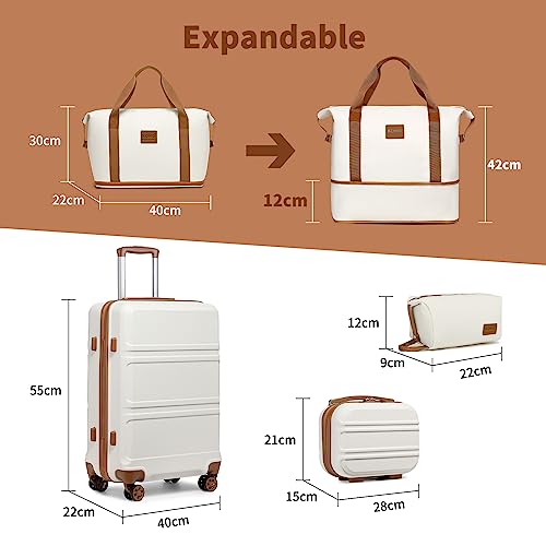 Kono Suitcase Lightweight ABS Hard Shell Carry-Ons Cabin Case with TSA Lock Luggage Sets of 4 Piece Included Weekender Bag & Toiletry Bag for Travel (Cream White)