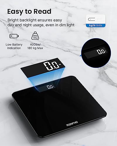 RENPHO Digital Bathroom Scales for Body Weight, Weighing Scale Electronic Bath Scales with High Precision Sensors Accurate Weight Machine for People, LED Display, Step-On, Black, Core 1S