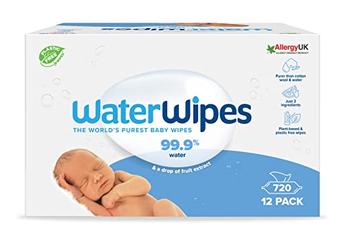 WaterWipes Original Plastic Free Baby Wipes, 720 Count (12 packs), 99.9% Water Based Wet Wipes & Unscented for Sensitive Skin