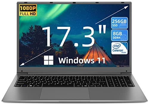 SGIN Laptop 17.3 Inch 8GB RAM 256GB SSD, Laptop Windows 11 Celeron Quad-Core Processor Up to 2.8GHz, 1080P FHD PC Notebook with Dual Band WiFi, 2xUSB 3.0, Keyboard Film in Eight Languages