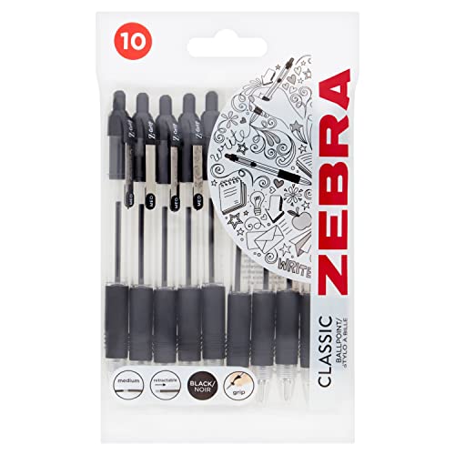 ZEBRA Pen Z Grip Black Pens Ballpoint, Smooth & Funky ZEBRA Pens With Pocket Clip, Retractable Black Ink Ballpoint Pens, Reliable Black Biro Pens Multipack For Everyday Use - Zebra Design, 10pk